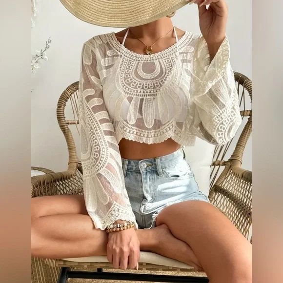 Elegant Cream Lace Women Top apricot color - Picture 2 of 3